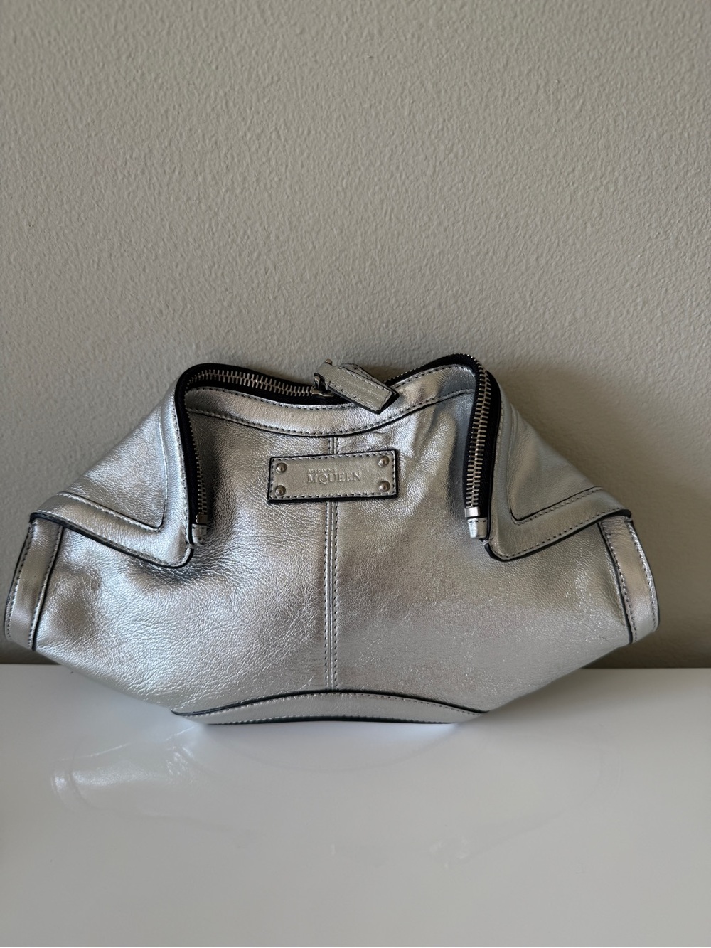 Modern Silver Metallic Wristlet Clutch with Zipper Accent